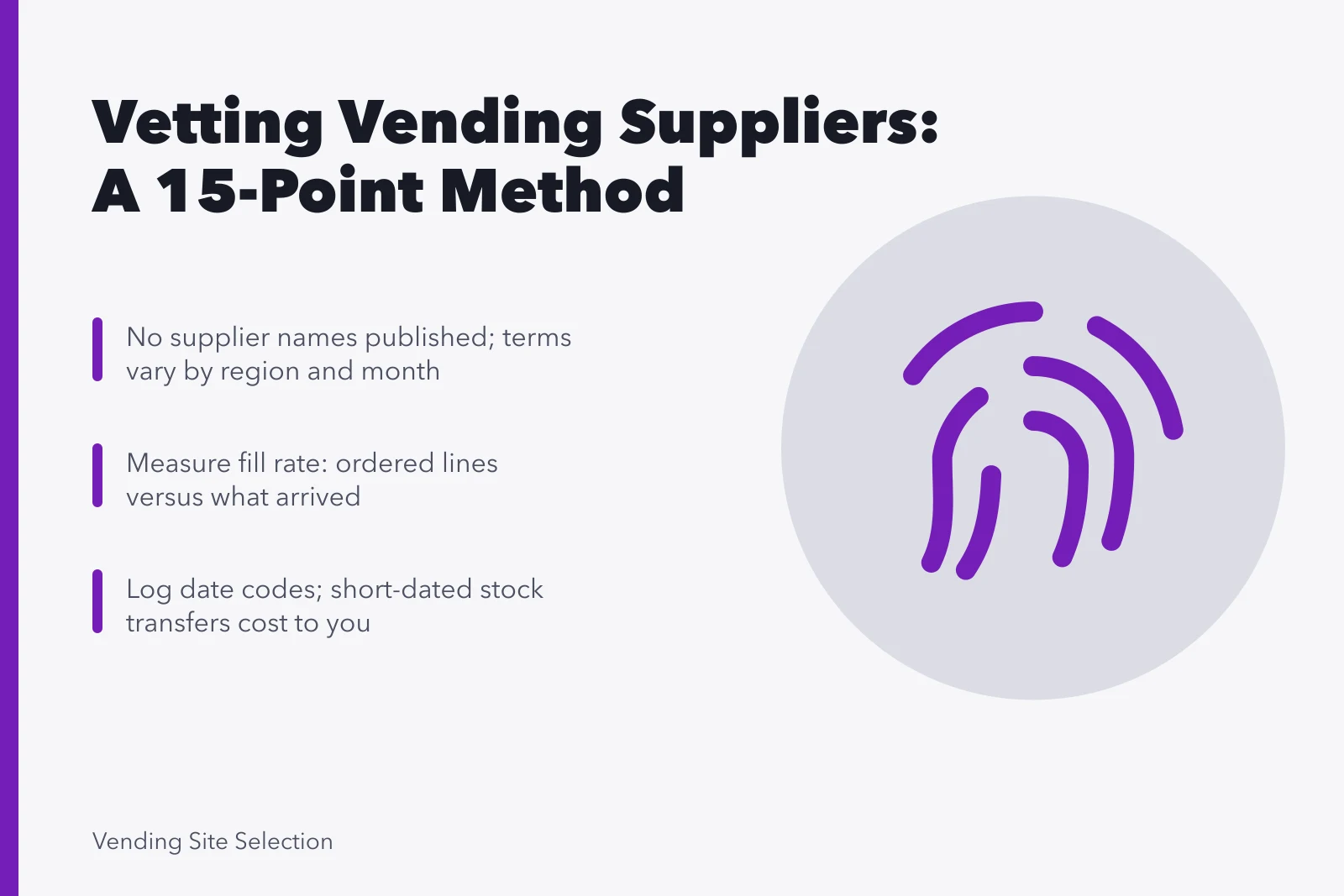 Checklist card for vetting vending machine suppliers with fifteen review points. Reading vending machine suppliers with a sceptical eye