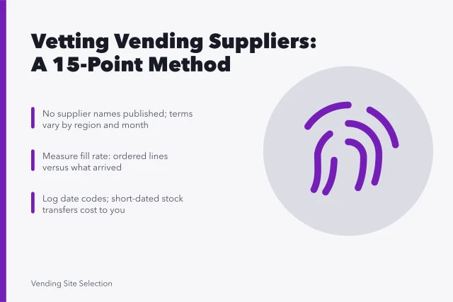 Checklist card for vetting vending machine suppliers with fifteen review points. Reading vending machine suppliers with a sceptical eye