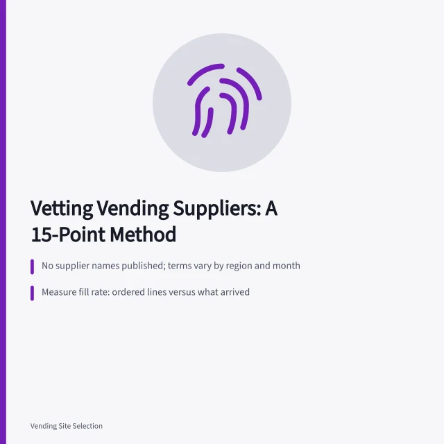 Checklist card for vetting vending machine suppliers with fifteen review points. Reading vending machine suppliers with a sceptical eye