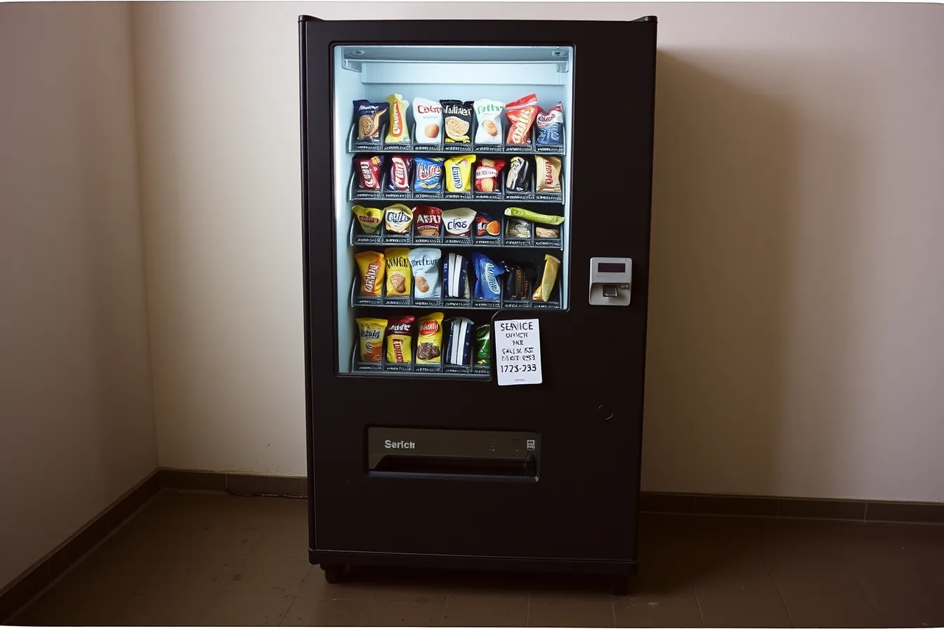 Vending machine front with a fault sticker and service number. The honest guide to vending operators, 2027 edition