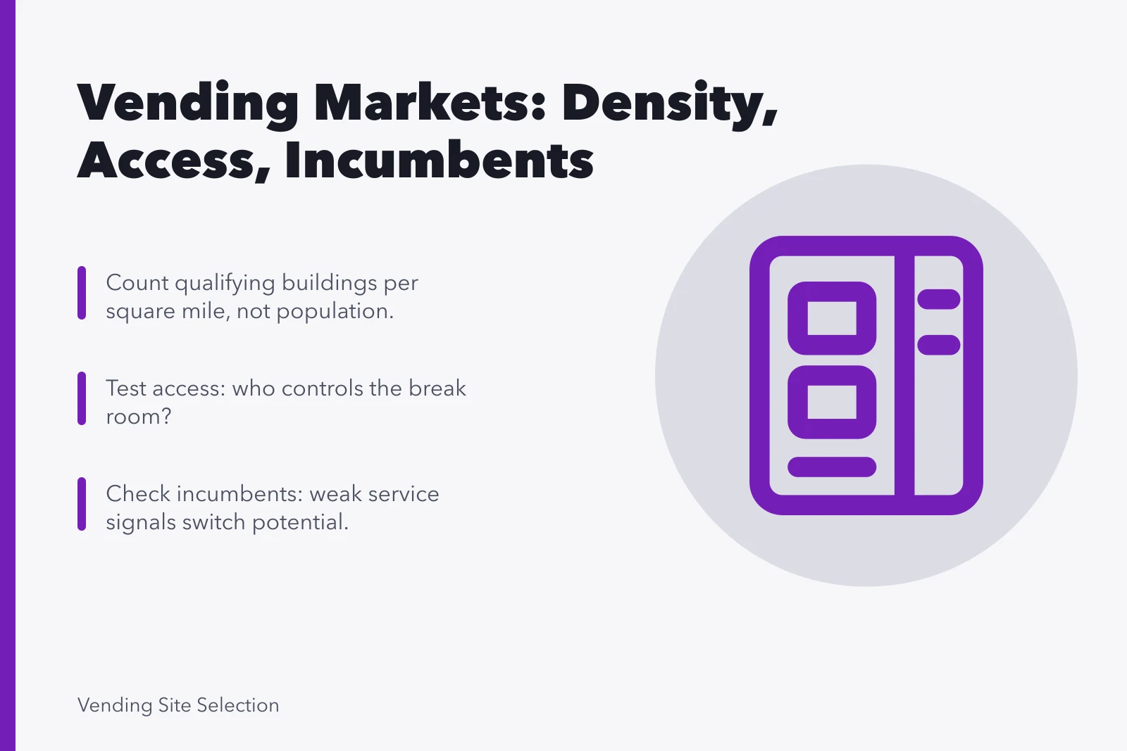 Card summarizing vending market assessment: building density, access, incumbents. Markets where a vending machine business thrives