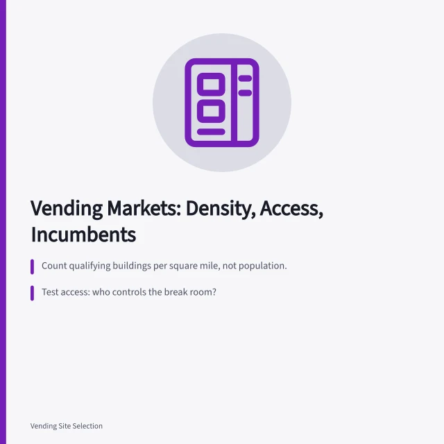 Card summarizing vending market assessment: building density, access, incumbents. Markets where a vending machine business thrives
