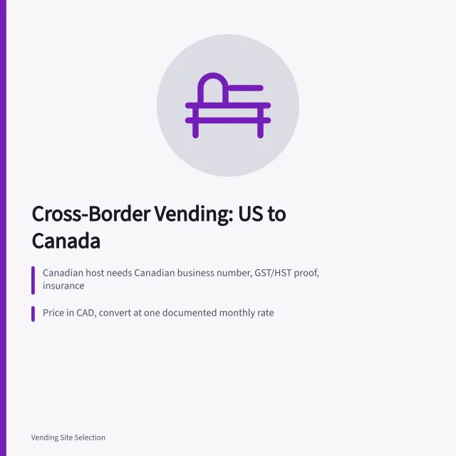 Cross-border vending compliance card with tax, currency, and labeling points. Vending Site Selection: Canadian Compliance Guide