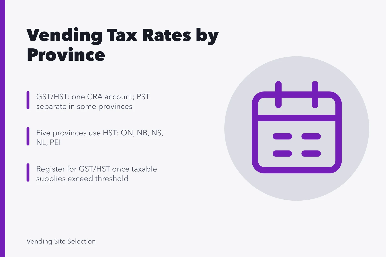 Tax calculation for vending machine sales across Canadian provinces. GST and vending machine sales in Canada: what to charge each province