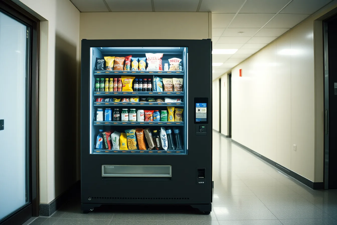 Vending machine in a lit corridor with visible lock and anchor bolts. How to prevent theft and damage for vending machine, in plain terms