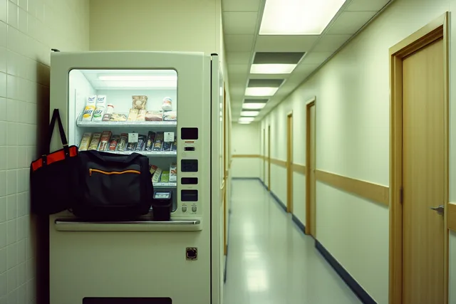 Vending machine open for restocking, worker setting price labels on snack spirals. How to price vending machine services with site economics