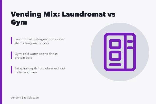 Vending product selection guide comparing laundromat and gym machine mixes. Choosing vending machine products for a laundromat versus a gym