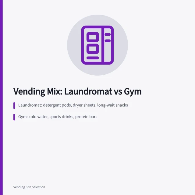 Vending product selection guide comparing laundromat and gym machine mixes. Choosing vending machine products for a laundromat versus a gym