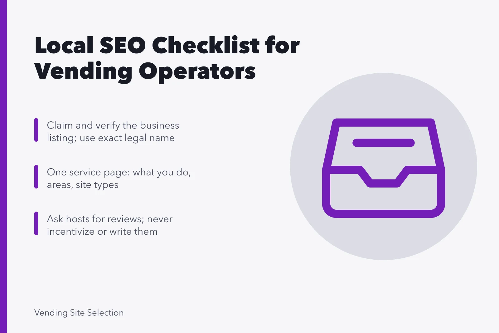 Checklist card for vending operator local SEO: listing, service page, reviews. A local SEO checklist for vending operators, from listing to reviews