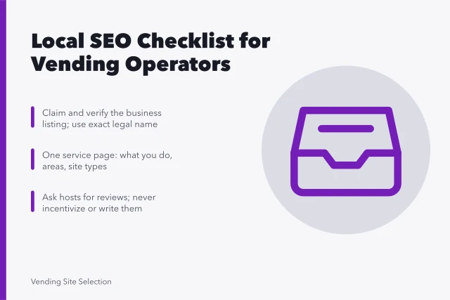 Checklist card for vending operator local SEO: listing, service page, reviews. A local SEO checklist for vending operators, from listing to reviews