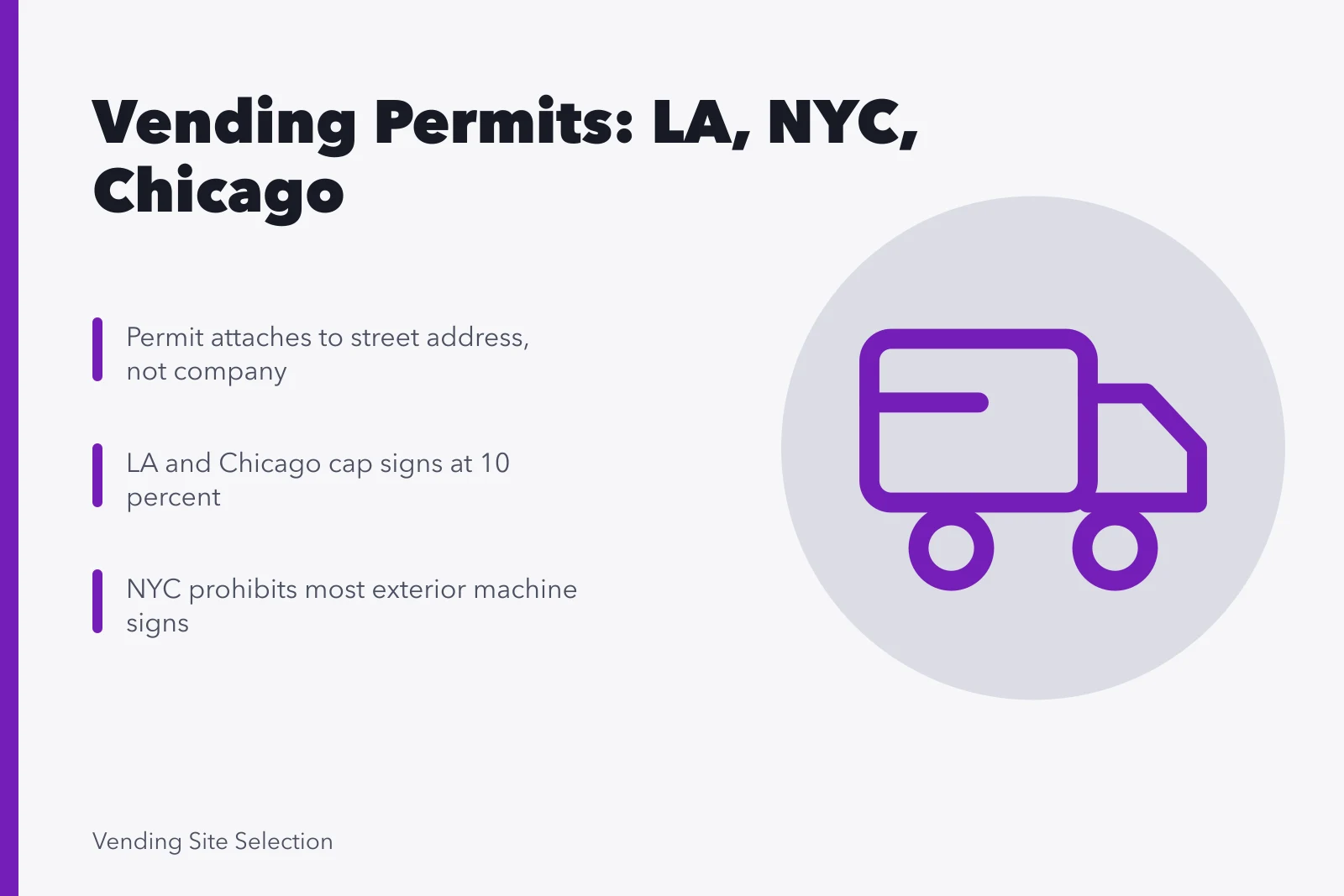 Vending machine permit rules in Los Angeles, New York City and Chicago. Vending site selection: LA, NYC and Chicago placement rules