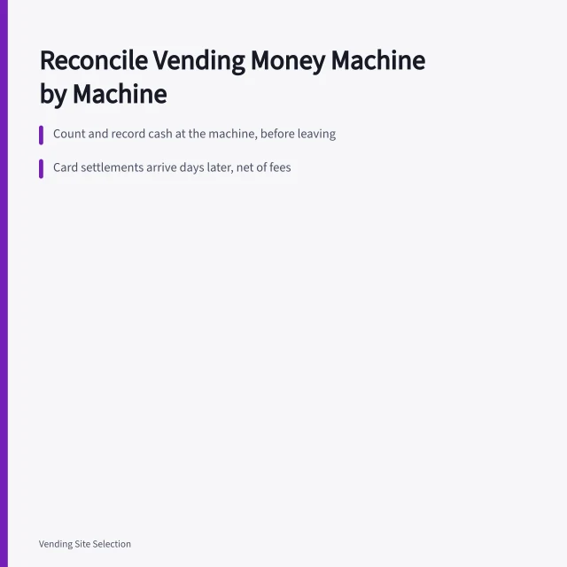 Vending bookkeeping card: reconcile cash at machine, card fees, monthly settlements. Vending Machine Bookkeeping: A Route Routine