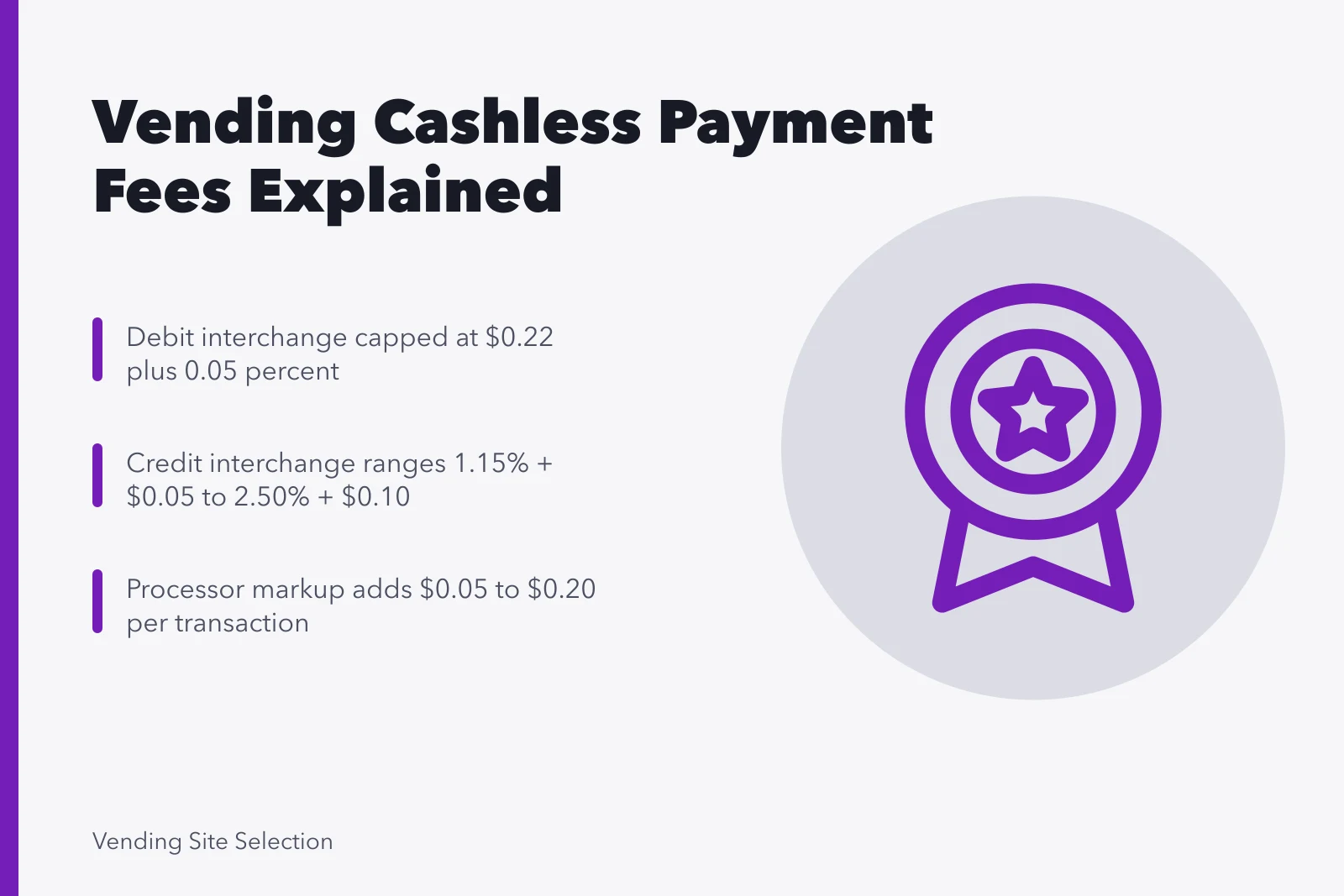 Card fees for vending machine cashless payments and processor markups. Vending machine cashless payment fees: interchange, markup and monthly charges