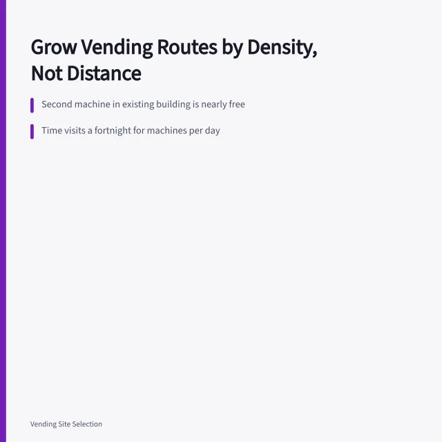 Vending route expansion card: density first, measure capacity, new area costs. How to think about vending machine expansion