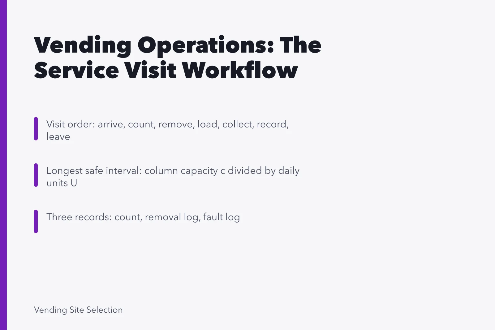 Card outlining vending service visit steps, safe intervals, and key records. Vending machine operations: the workflow behind a smooth day
