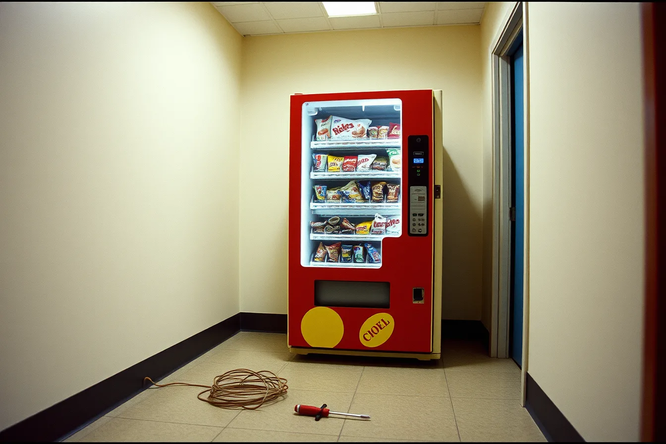 Open vending machine door showing coin mechanism, validator and snack spirals during servicing. Vending machine faults, loss control, and repair or replace decisions