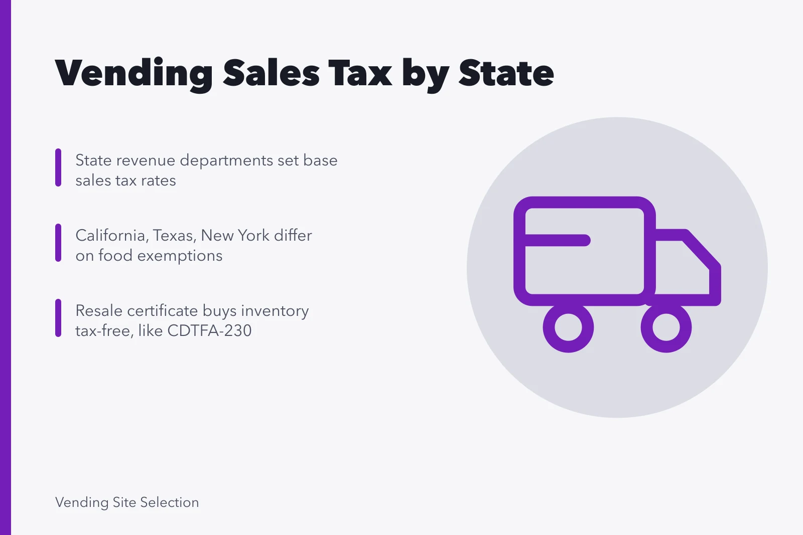 Card explaining vending machine sales tax rules across states. Vending machine sales tax by state: 3-state comparison