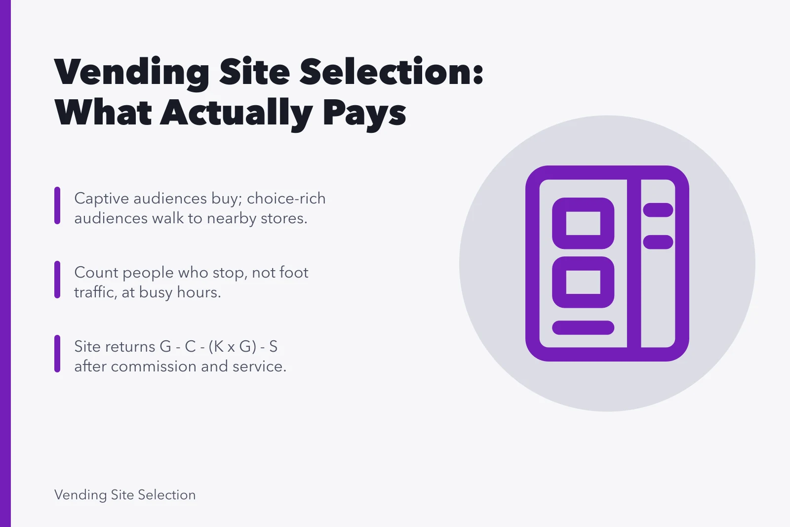 Vending site selection guide: captive audiences, stopped counts, commission math. Vending machine site selection and location guide