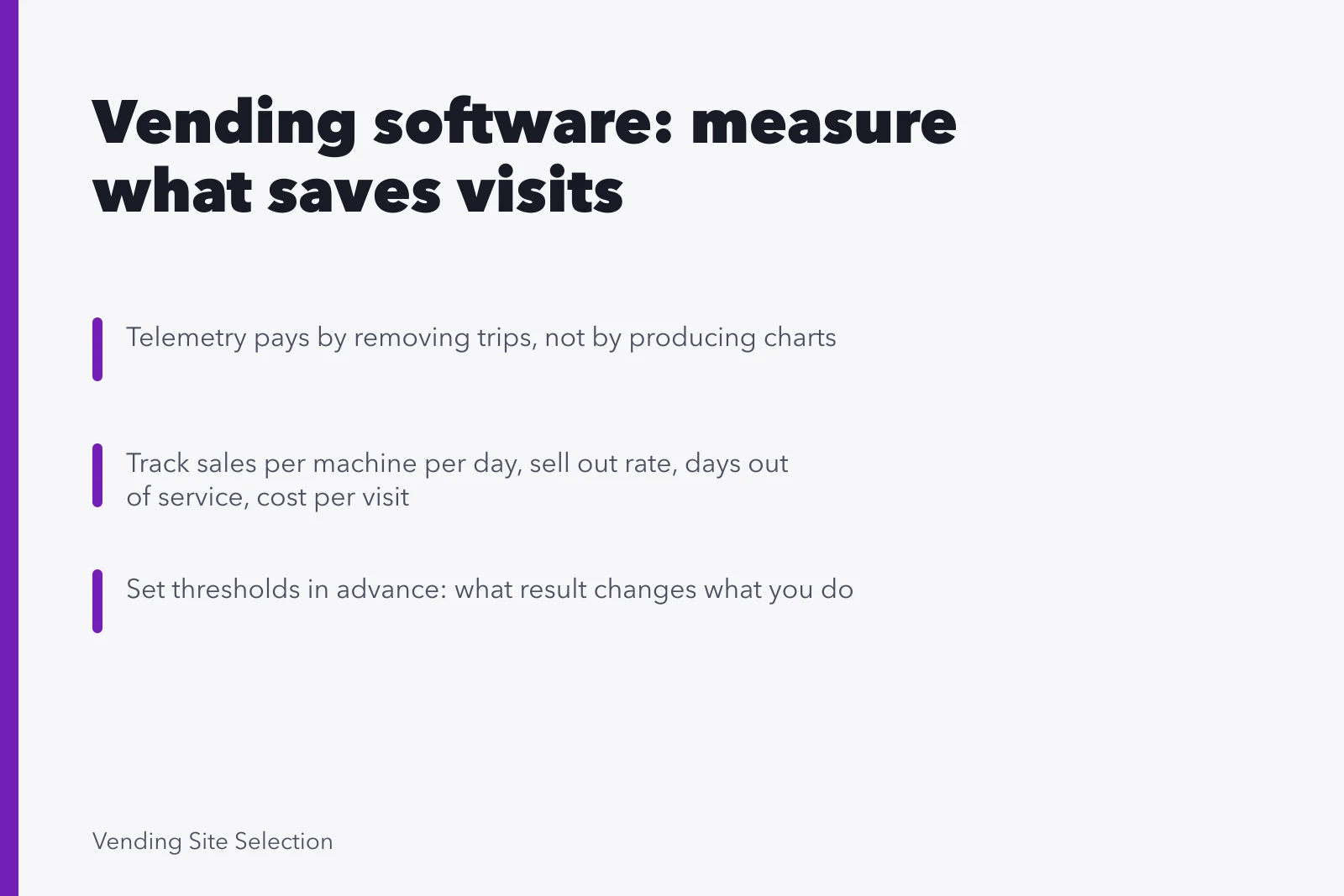 Card summarizing vending software KPIs: trips avoided, sell out rate, downtime. Vending machine software and telemetry: what to measure and how to judge it