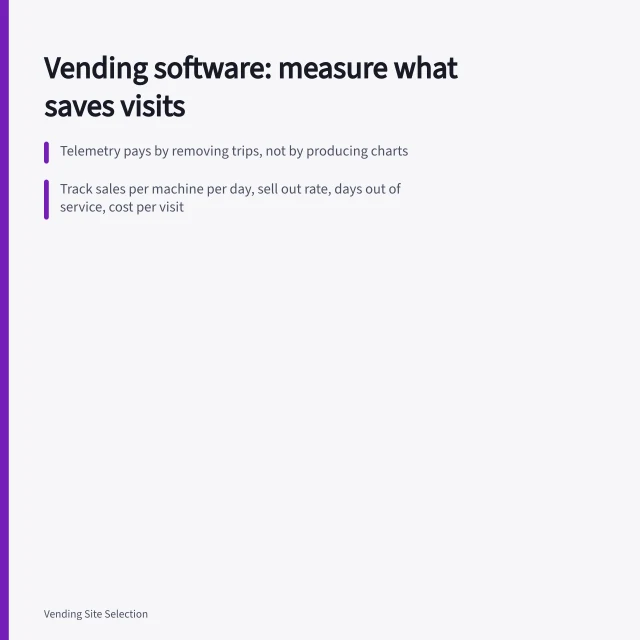 Card summarizing vending software KPIs: trips avoided, sell out rate, downtime. Vending machine software and telemetry: what to measure and how to judge it