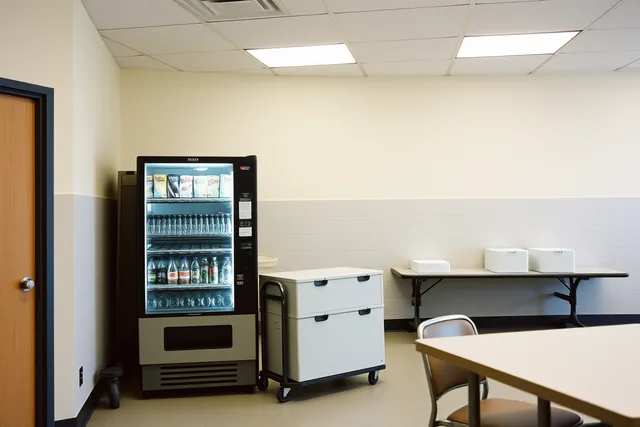 Worker restocking a vending machine in a break room. Vending machine startup and market guide