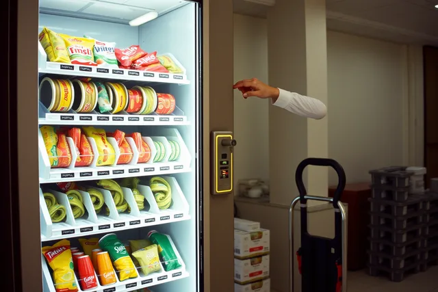 Vending machine open for stocking, with card reader and product trays. The startup budget for a vending machine business and the ways to finance it in 2027