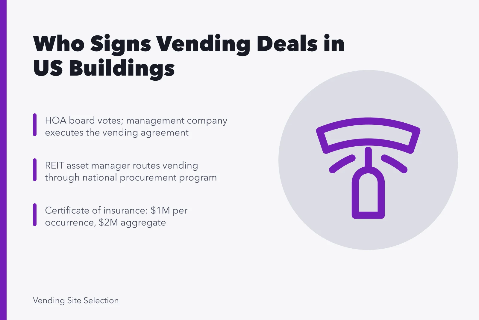 Card on HOA, REIT and landlord vending agreement signers and insurance proof. Working with US HOAs, REITs and property managers on vending agreements